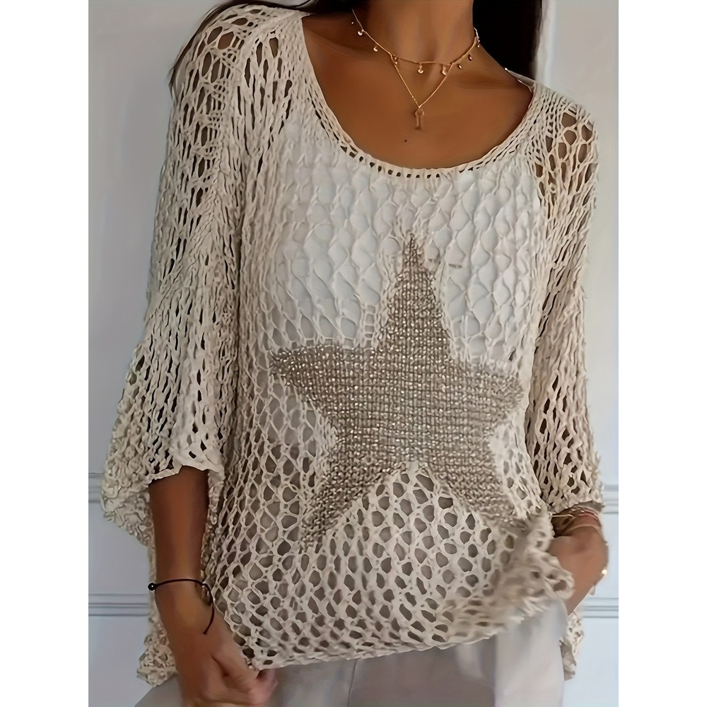 Unbranded Boho Star Open Knit Crochet Sweater Top Cream‎ Metallic NEW Sz M